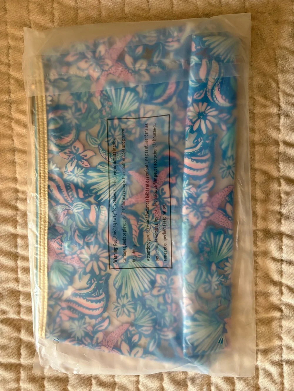Lilly Pulitzer Teal & Pink Seashell Cosmetic Pouch with Gold Trim